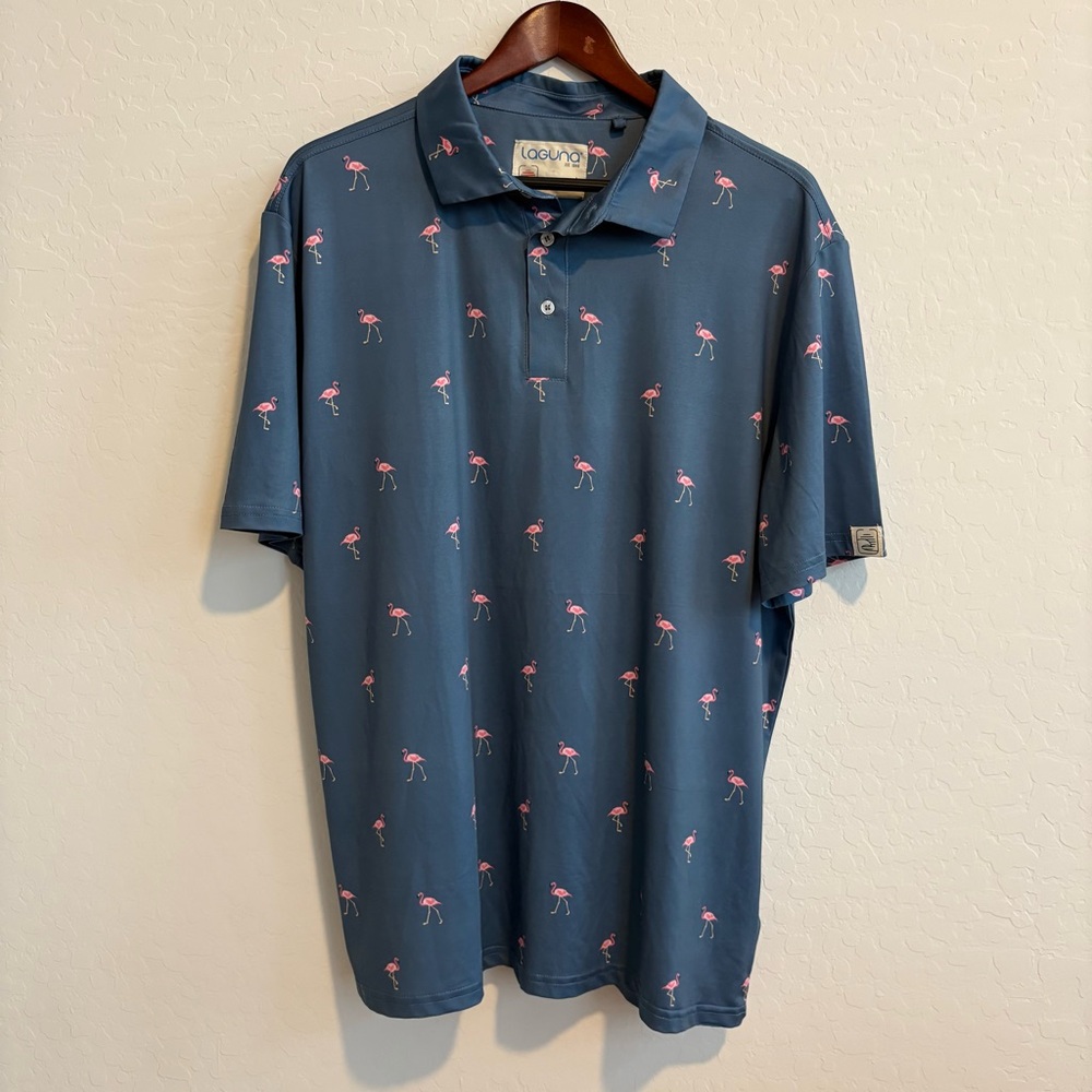Laguna Golf Polo Shirt Mens L Pink Flamingos. Fun print